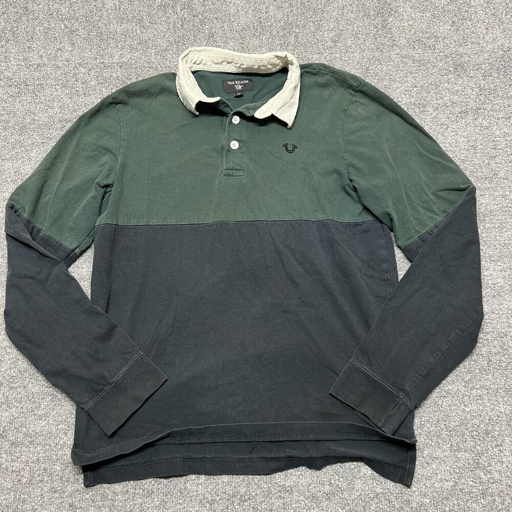 True Religion Rugby Polo Shirt Mens Small Green Blue Colorblock Logo Cotton